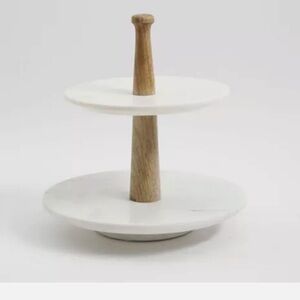 Elegant Two-Tier Marble and Wood Server Laurie Gates